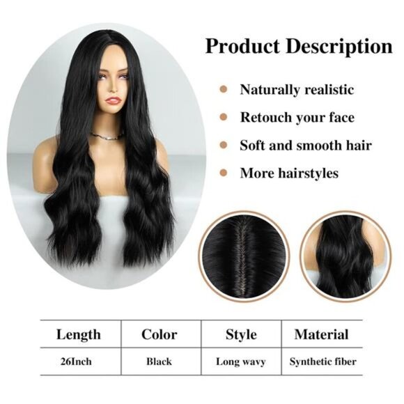 Black Wig Long Wavy Wig For Women Middle Part Wavy Wigs Synthetic Heat Resistant - Picture 2 of 4